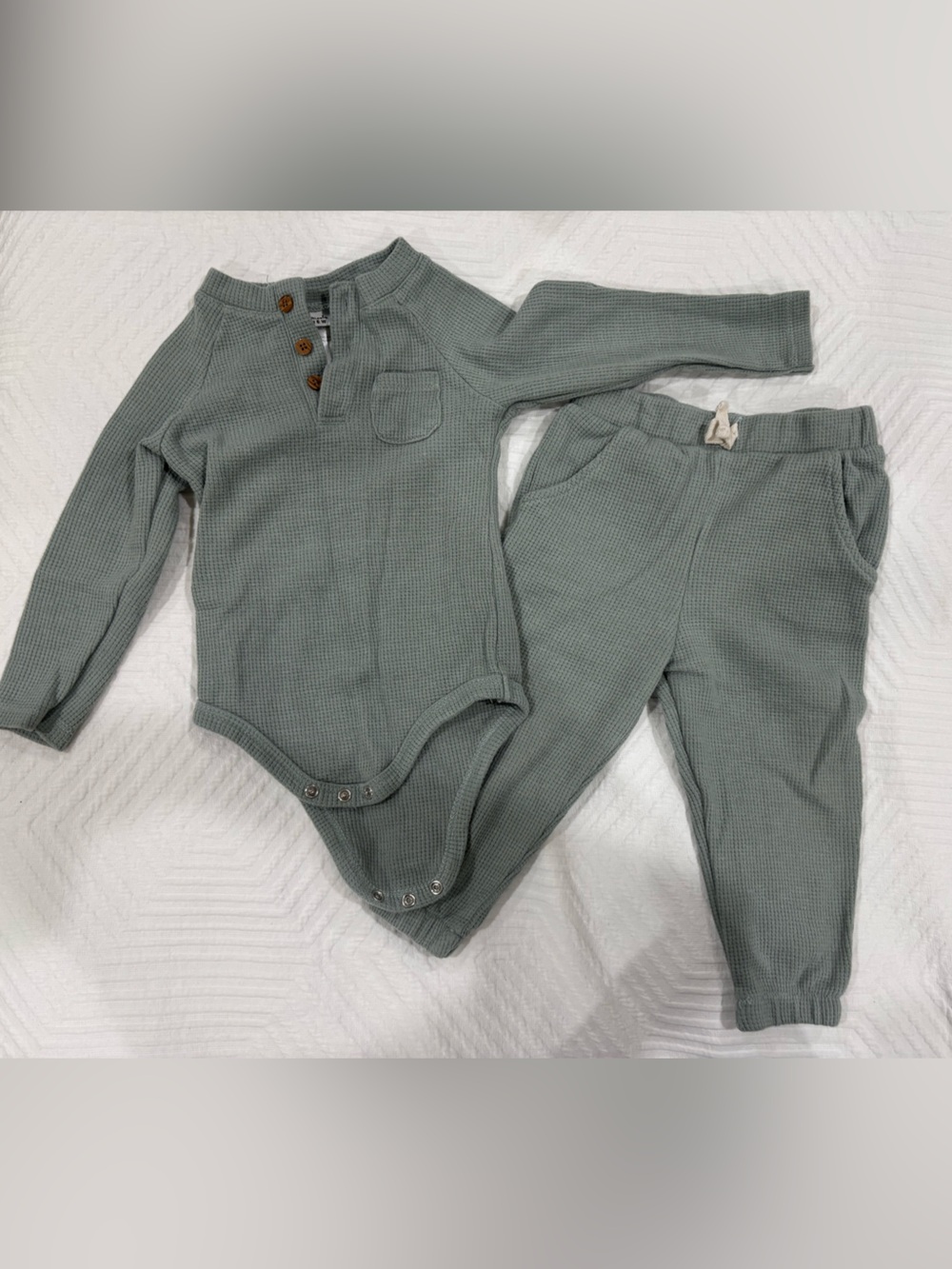 Nicole Miller Sage Green Waffle Knit Bodysuit & Joggers Set